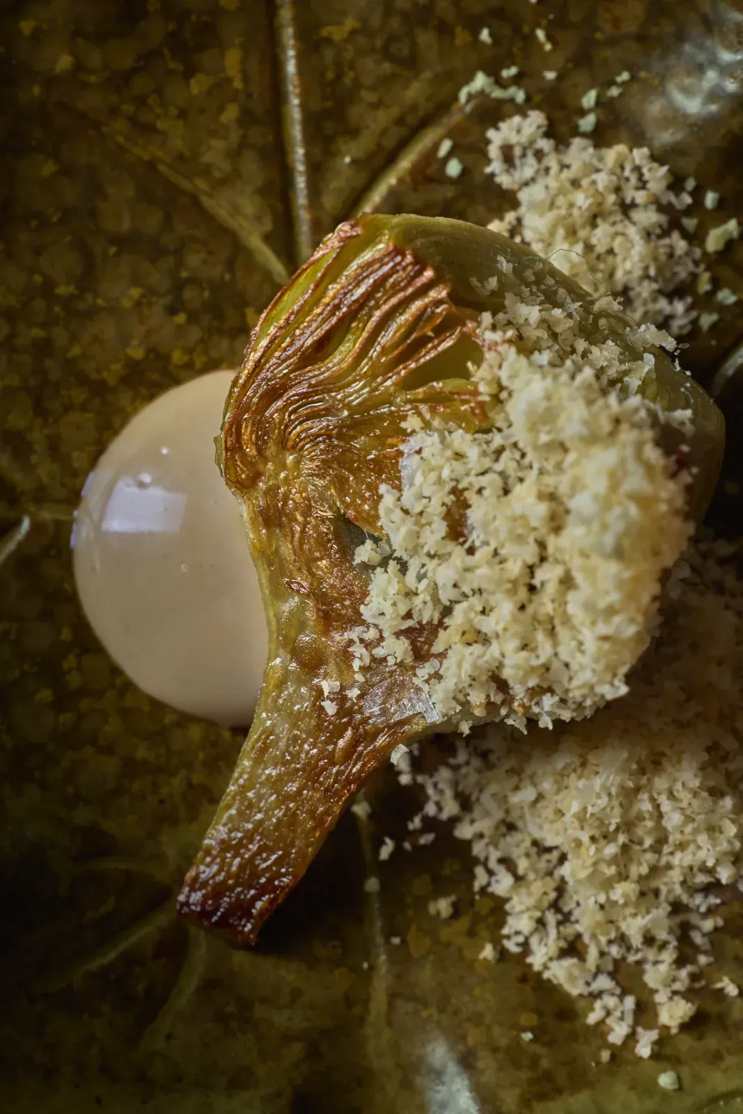 Half a roasted artichoke beside a white sphere and a fine grating, served on a dark leaf