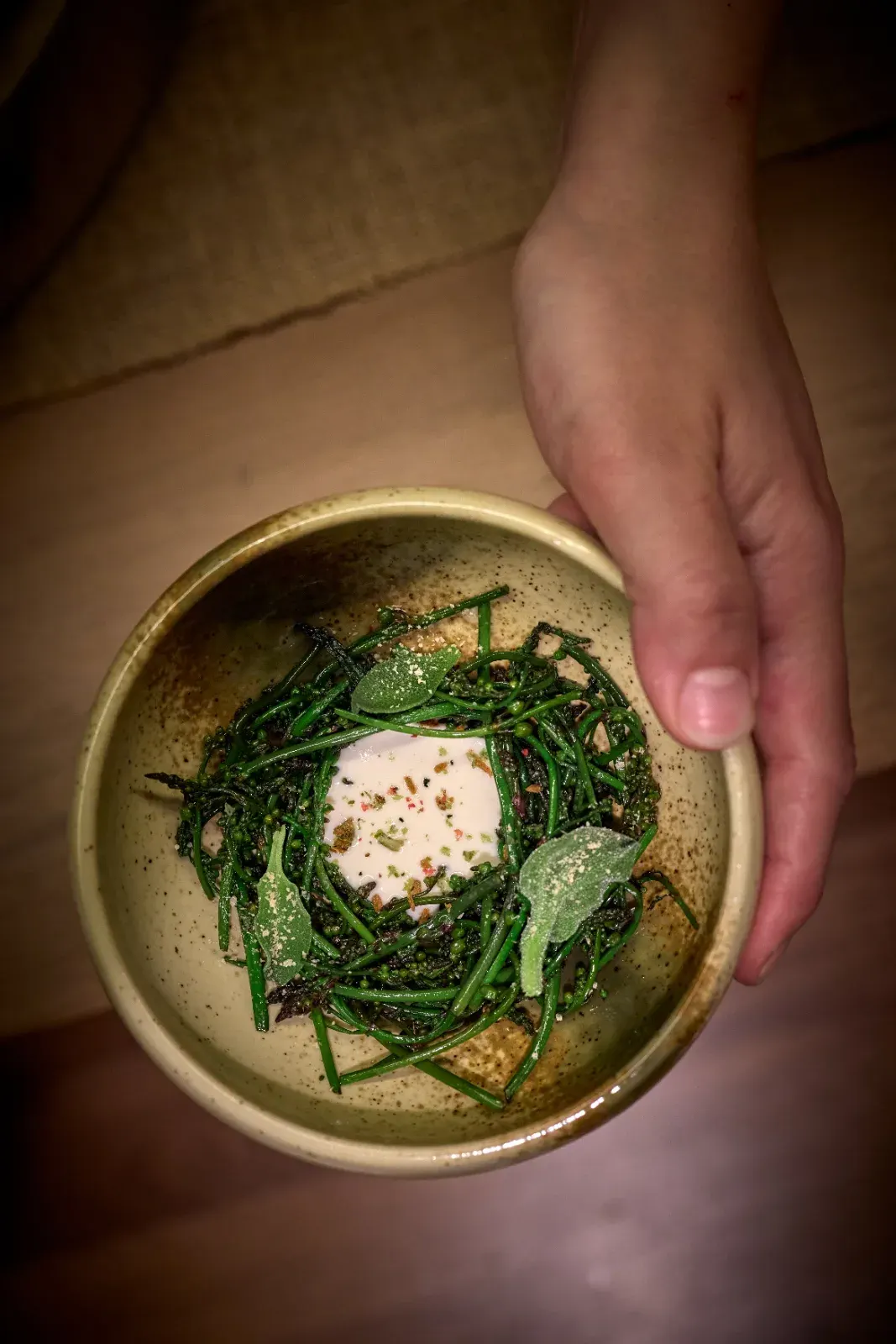 Green stems around a creamy centre, with frosted leaves, in a ceramic bowl held in both hands