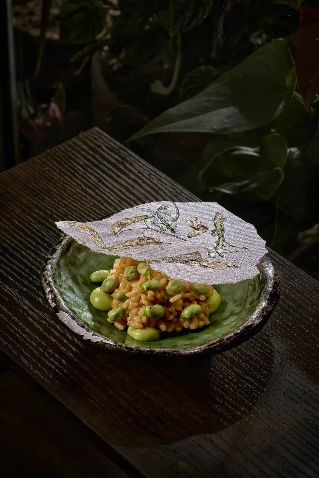 Rice with broad beans and mint finished with a crisp tuile
