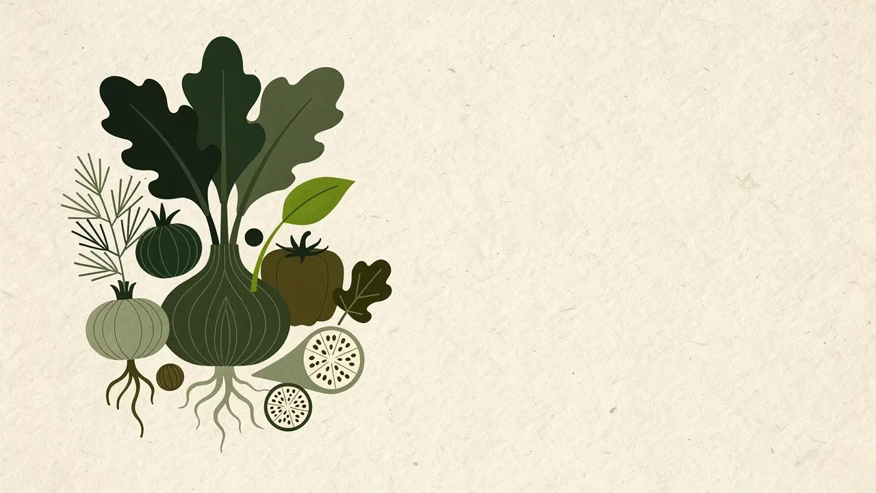 Botanical illustration: a cluster of onions, beetroot, tomatoes and leaves with their roots showing, gathered at the left of a wide paper field
