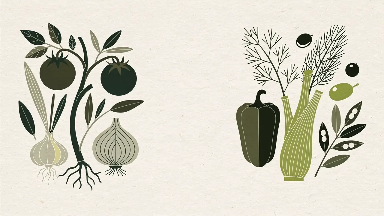 Botanical illustration: two groups facing each other across the paper — a tomato plant with onions and roots on the left, a pepper, fennel and olive branch on the right