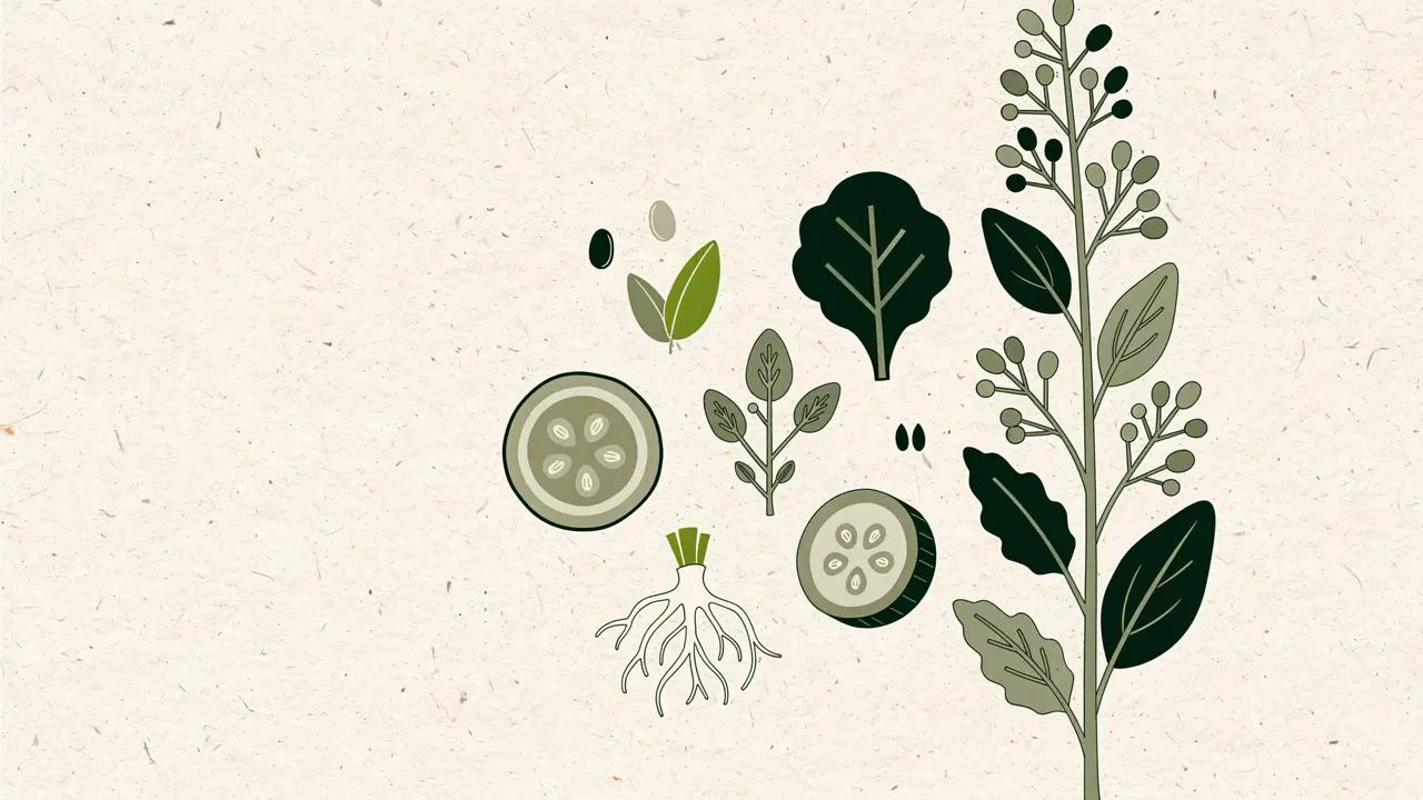 Botanical illustration: cucumber cross-sections, seeds, chard leaves and a tall berried stem, scattered with plenty of empty space between them