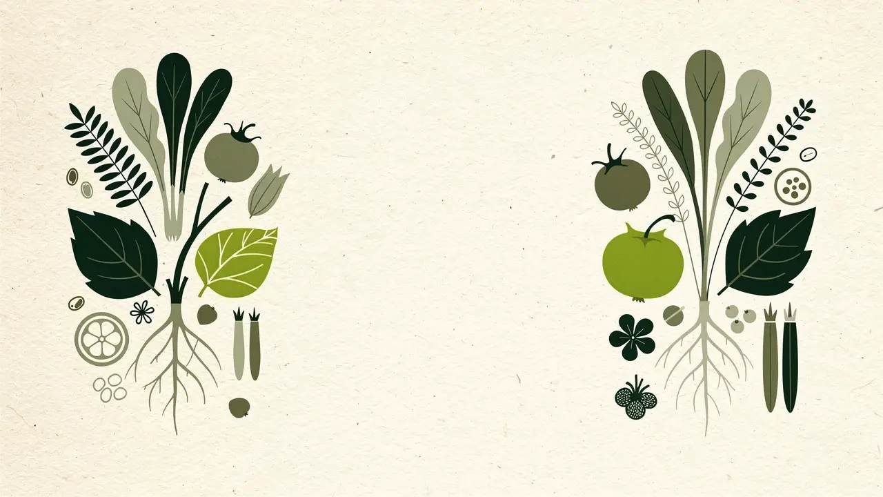 Botanical illustration: two symmetrical bouquets of leaves, tomatoes, citrus slices and roots facing one another, like two options side by side
