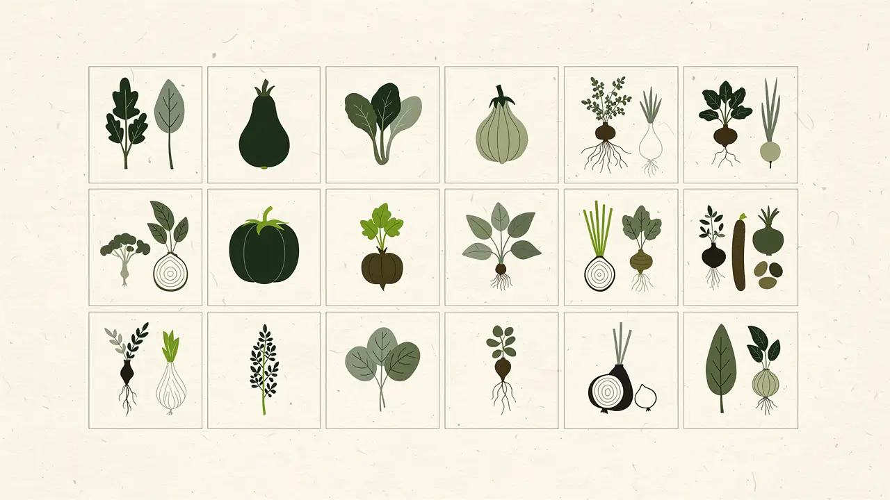 Botanical illustration: eighteen vegetables — pumpkin, chard, onions, radishes, leeks — each framed in its own small panel, laid out in a grid of three rows