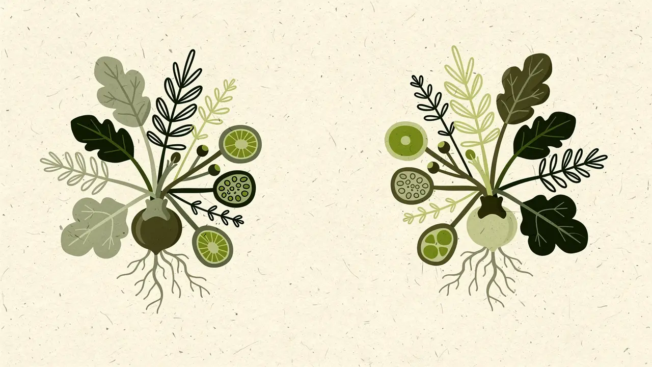 Botanical illustration: two rooted bulbs, one dark and one pale, each fanning out into leaves and citrus slices, set apart on the paper like two points on a map
