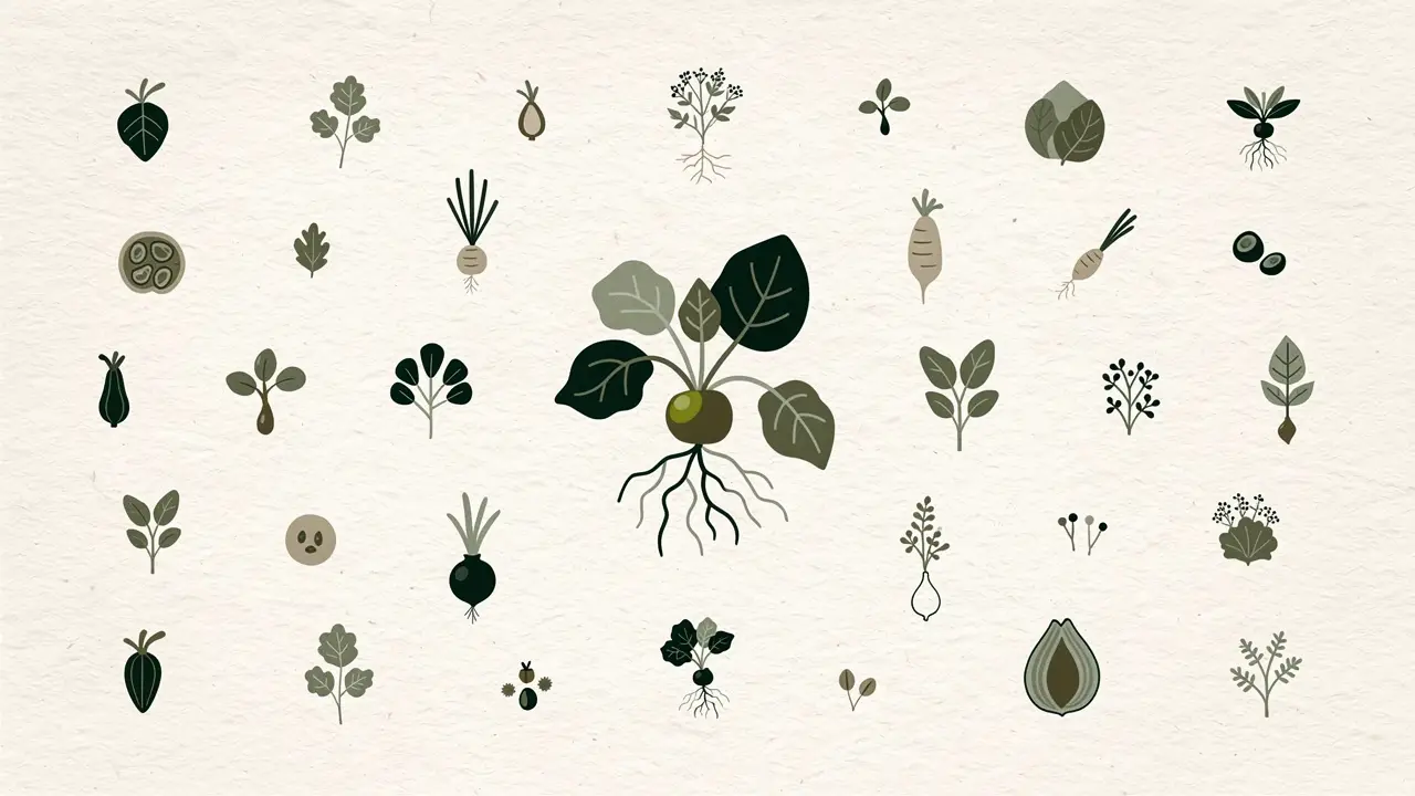 Botanical illustration: dozens of small vegetables and seeds arranged like a herbarium sheet, with a single rooted plant larger at the centre