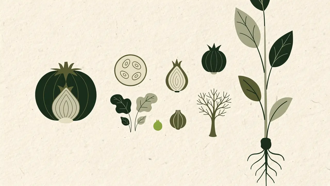 Botanical illustration: an onion in cross-section, a bulb, a bare tree and a rooted leafy stem, spaced out in a row across the paper