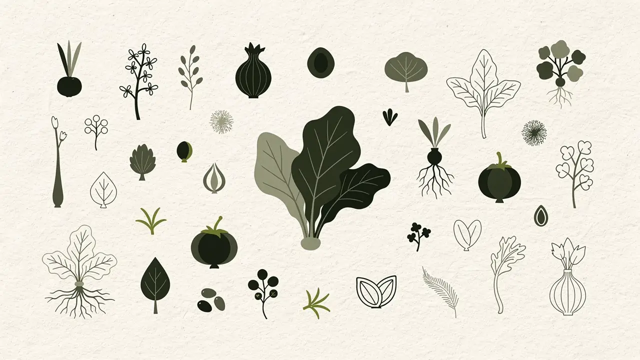 Botanical illustration: a herbarium of small vegetables, roots and seed pods around one larger chard leaf at the centre