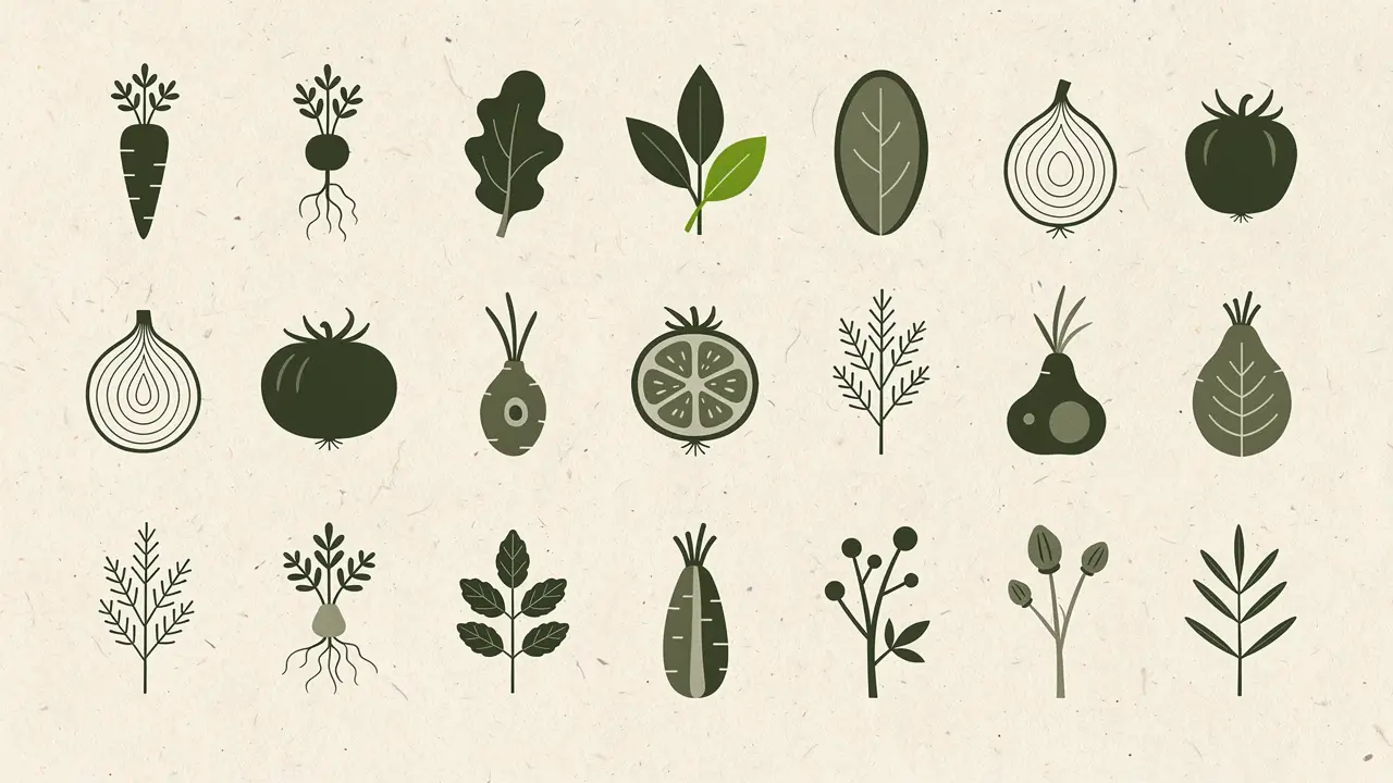Botanical illustration: a grid of vegetables drawn with their roots intact — carrot, onion, citrus, tomato, sprouting stems — in three even rows