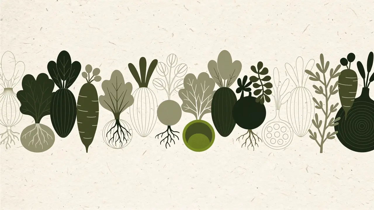 Botanical illustration: a row of vegetables in sequence — beetroot, onion, peas, leek, fennel, a stem of dill — lined up left to right like courses