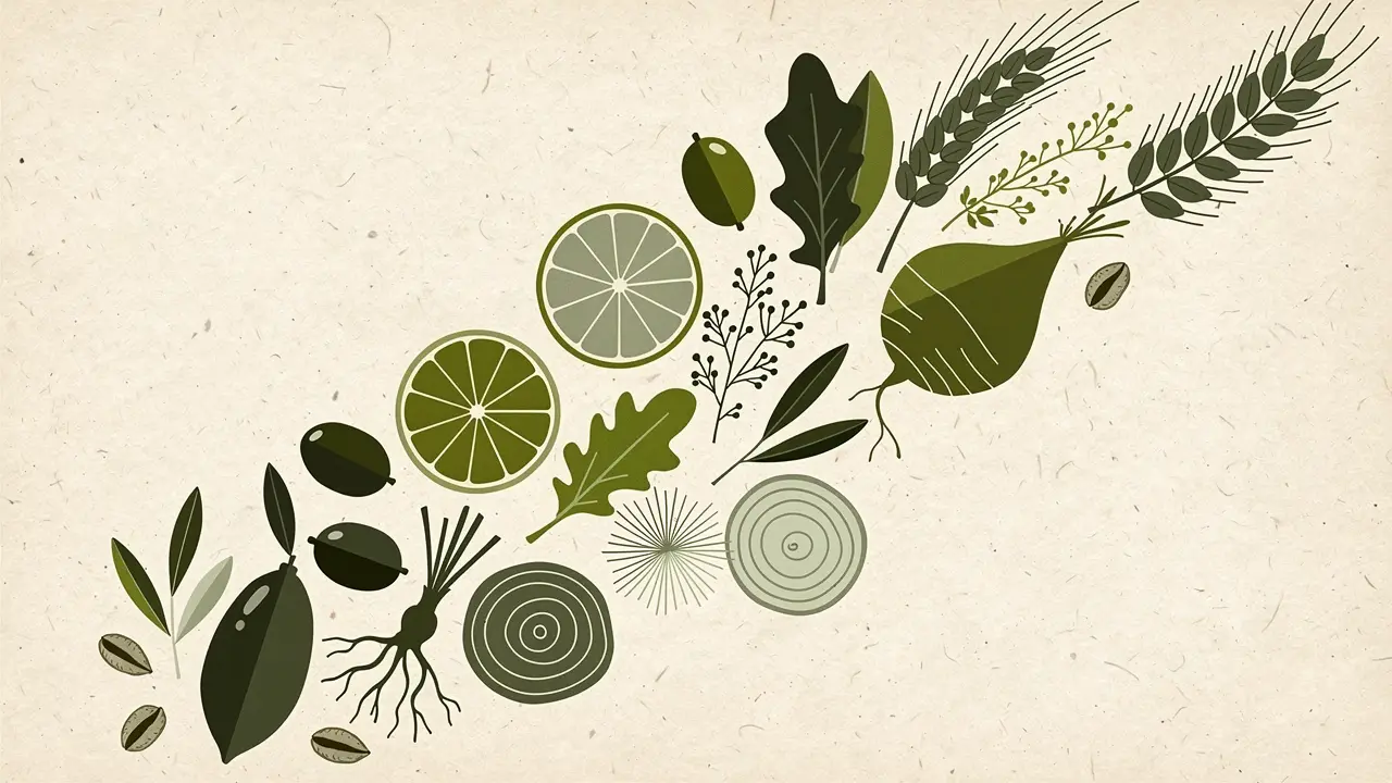 Botanical illustration: lime slices, olives, an ear of wheat, a beetroot and an onion in cross-section, drifting across the paper on a diagonal
